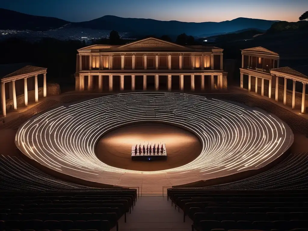 Festival Dionisias Urbanas Antigua Grecia: Escena cautivadora de un festival en un antiguo anfiteatro, con artistas vibrantes y público entusiasmado