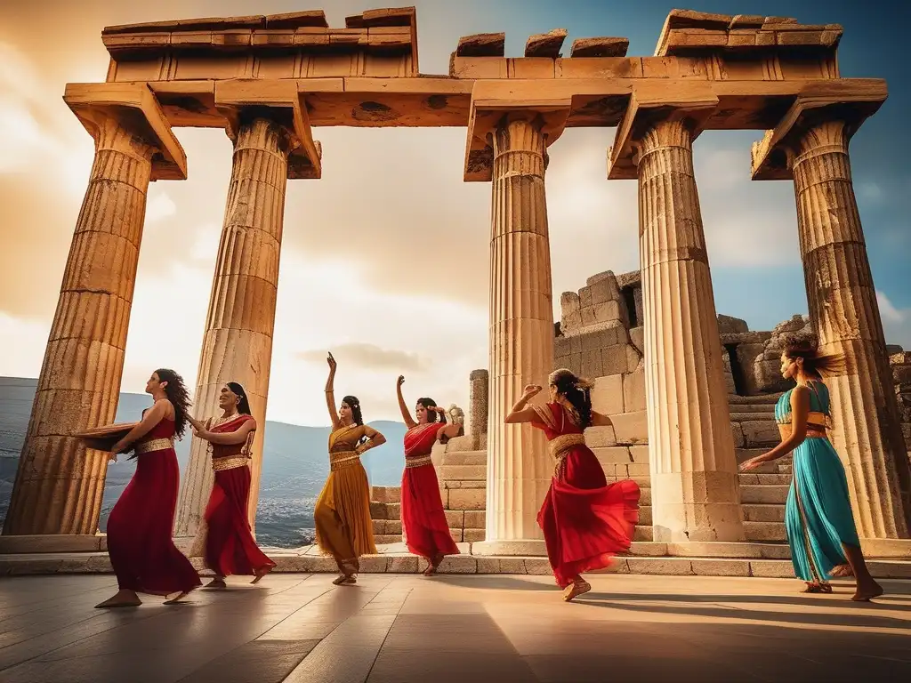 Danza tradicional griega en ruinas antiguas con músicos tocando aulos