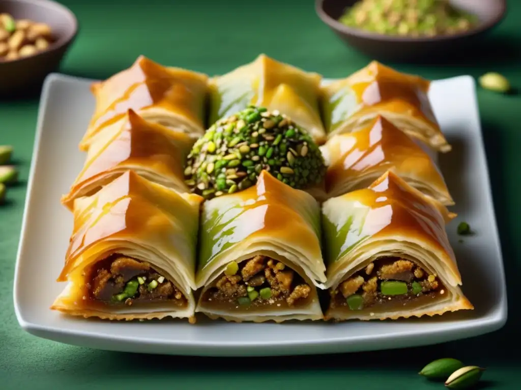 Deliciosa baklava de Grecia con capas de masa desmenuzable, nueces trituradas y sirope de miel, adornada con pistachos