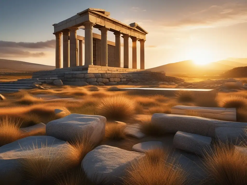 Secretos arqueológicos de Delos revelados: imagen en 8k muestra la grandiosidad y tranquilidad del sitio sagrado al atardecer