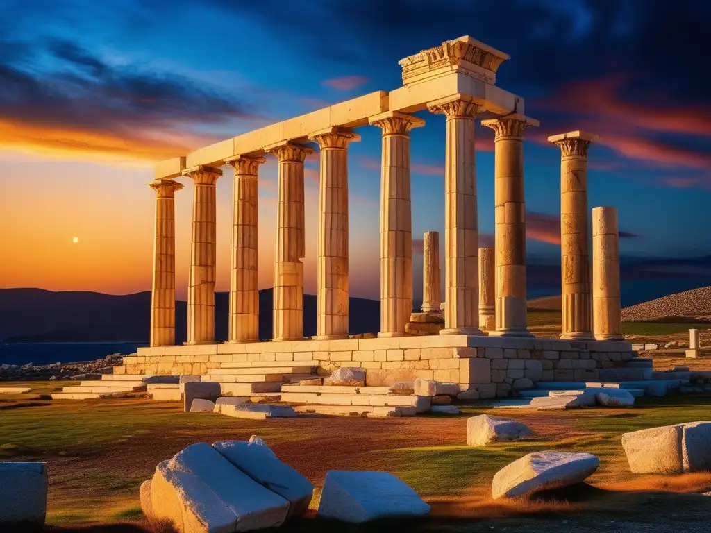 Vida cotidiana en Delos, antigua Grecia: Ruinas de un templo, columnas y esculturas en un impresionante atardecer