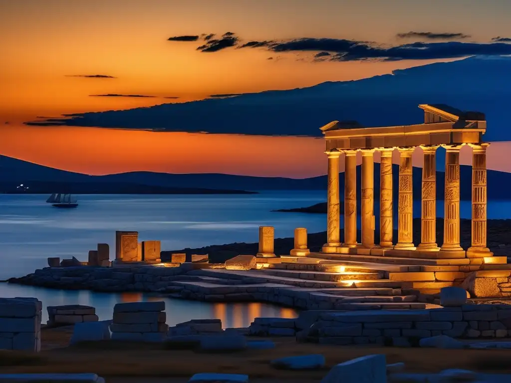 Mercado de Delos en Grecia al atardecer: ruinas antiguas, mar Egeo azul, columnas de mármol y detalles arquitectónicos