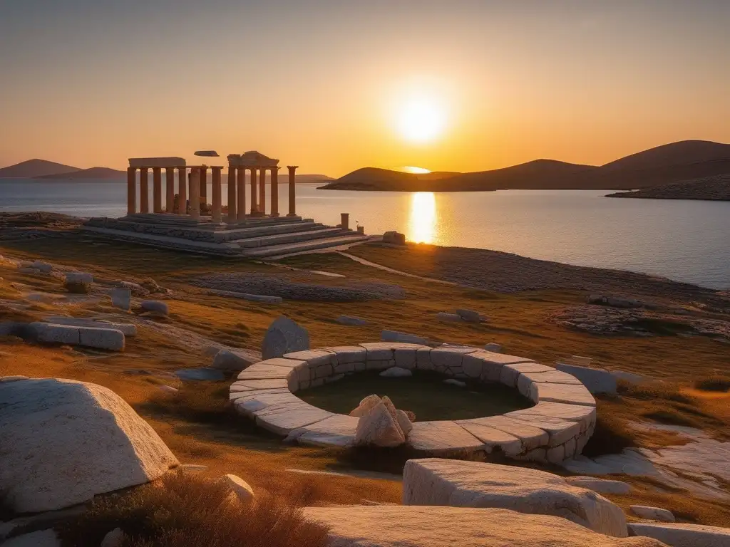 Relación divina Delos y Apolo - Isla mítica bañada en luz dorada, con ruinas antiguas y templos majestuosos del dios Apolo