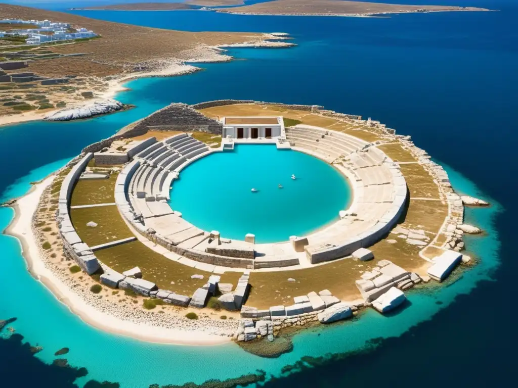 Peculiaridad política de Delos en la Antigua Grecia: isla con aguas turquesas, playas blancas, ruinas antiguas y Terrace of the Lions