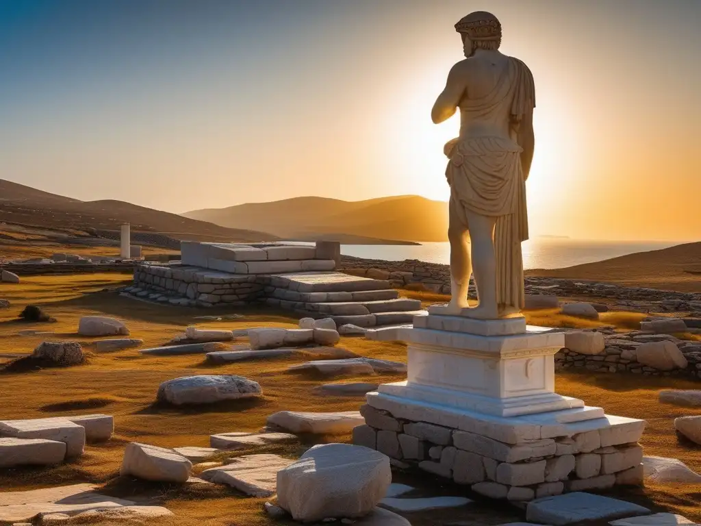 Secretos de las Cícladas: imagen impresionante del antiguo sitio arqueológico de Delos, con ruinas bien conservadas y una estatua de mármol