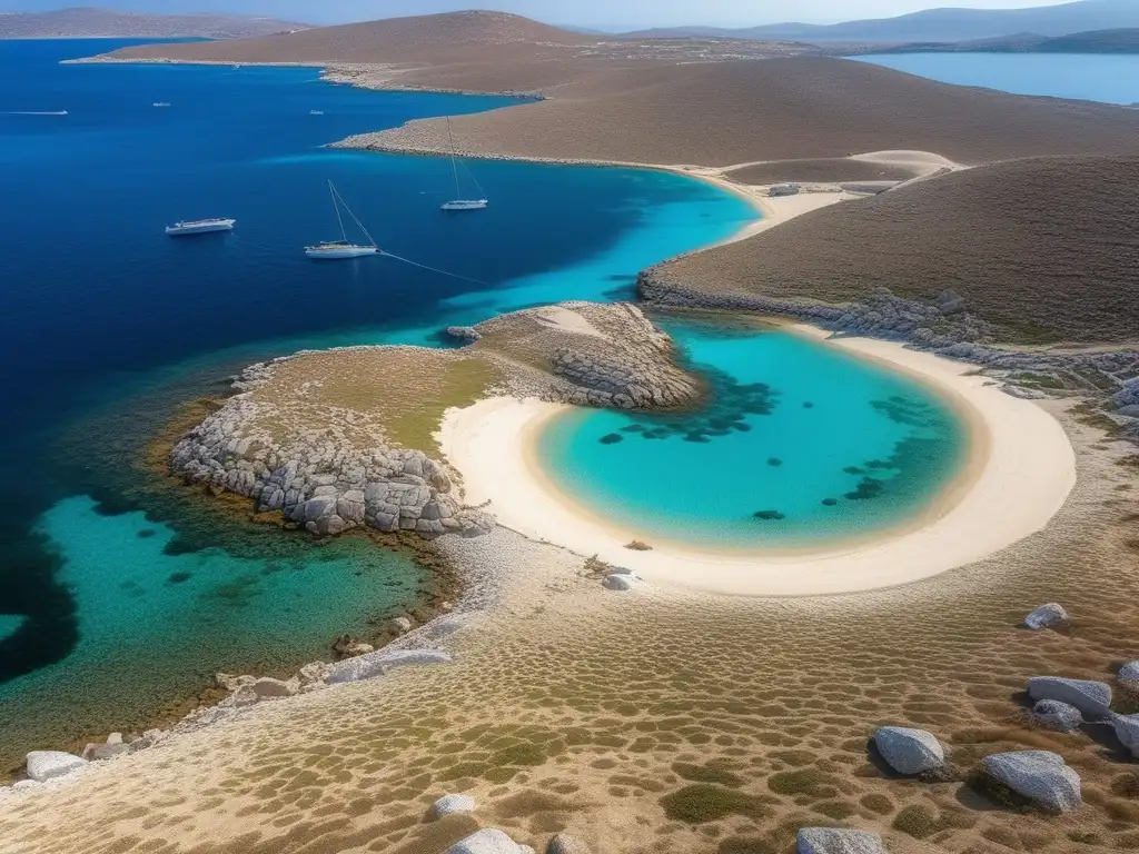 Importancia histórica de la isla de Delos: vista panorámica única en 8k, con ruinas antiguas y mar turquesa