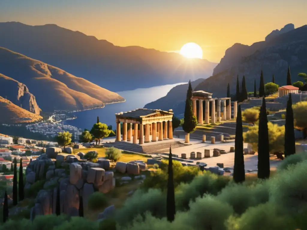 Delphi al atardecer: Templo de Apollo, paisaje místico de Grecia