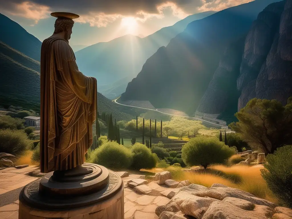 Sueños profecías en Grecia: Oracle de Delphi, paisaje impresionante, montañas, estatuas, figura solitaria, atmósfera etérea