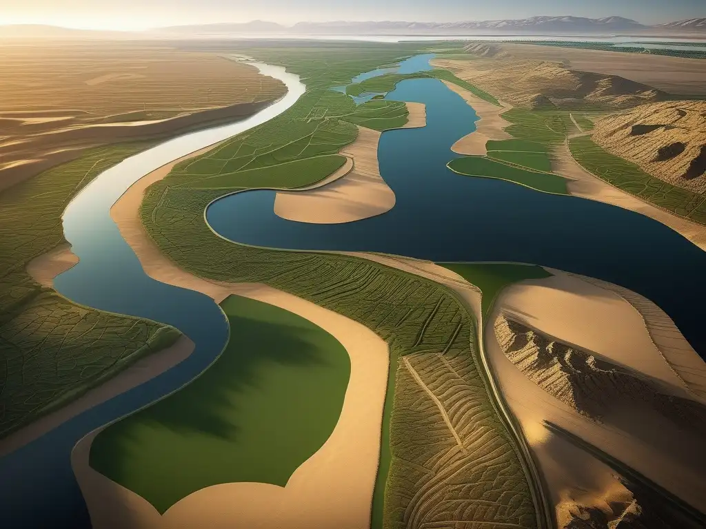 Paisaje del Delta del Nilo en Grecia antigua, con río serpenteante y arquitectura griega