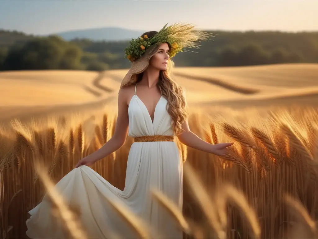 Festival griego en honor a Deméter: imagen fotorealista de la diosa griega en un campo de trigo dorado, con cabello largo y expresión serena