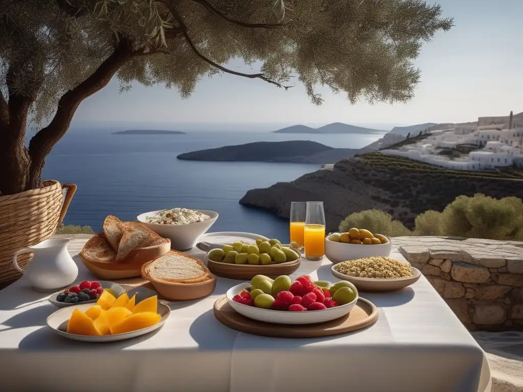 Desayuno griego al aire libre con alimentos mediterráneos: pan, yogur, uvas, fresas, aceitunas, queso feta, tzatziki, café y ouzo