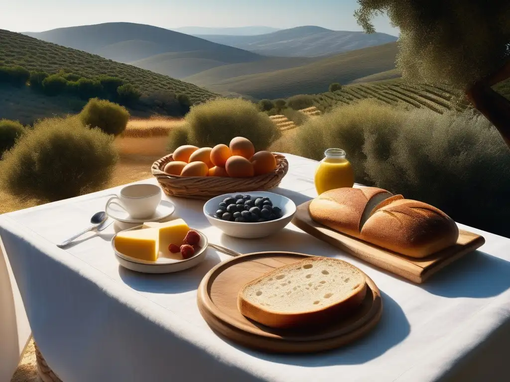 Desayuno griego antiguo: Alimentos frescos en mesa de madera rodeada de olivares y colinas -