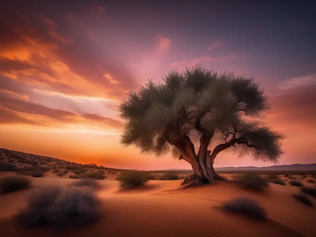 Influencia eleatismo en Grecia: paisaje desierto al atardecer, cielo cálido, olivo solitario, textura y serenidad