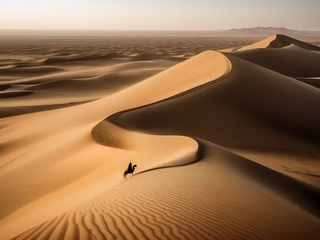 Paisaje desértico con dunes dorados y ejército persa liderado por Rey Jerjes - Error estratégico Jerjes Guerras Médicas