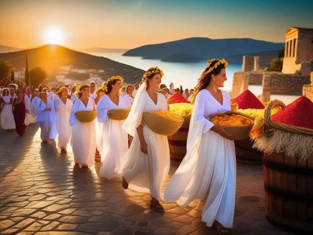 Festividad Haloeas en Grecia: Procesión vibrante y colorida en una plaza histórica, con música, danzas y ofrendas a Deméter y Perséfone