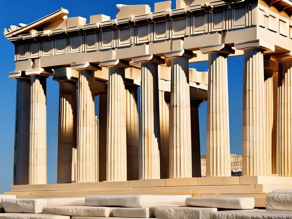 Detalles impresionantes del Parthenon, obra maestra arquitectónica griega, resaltando la tecnología antigua Grecia vida diaria