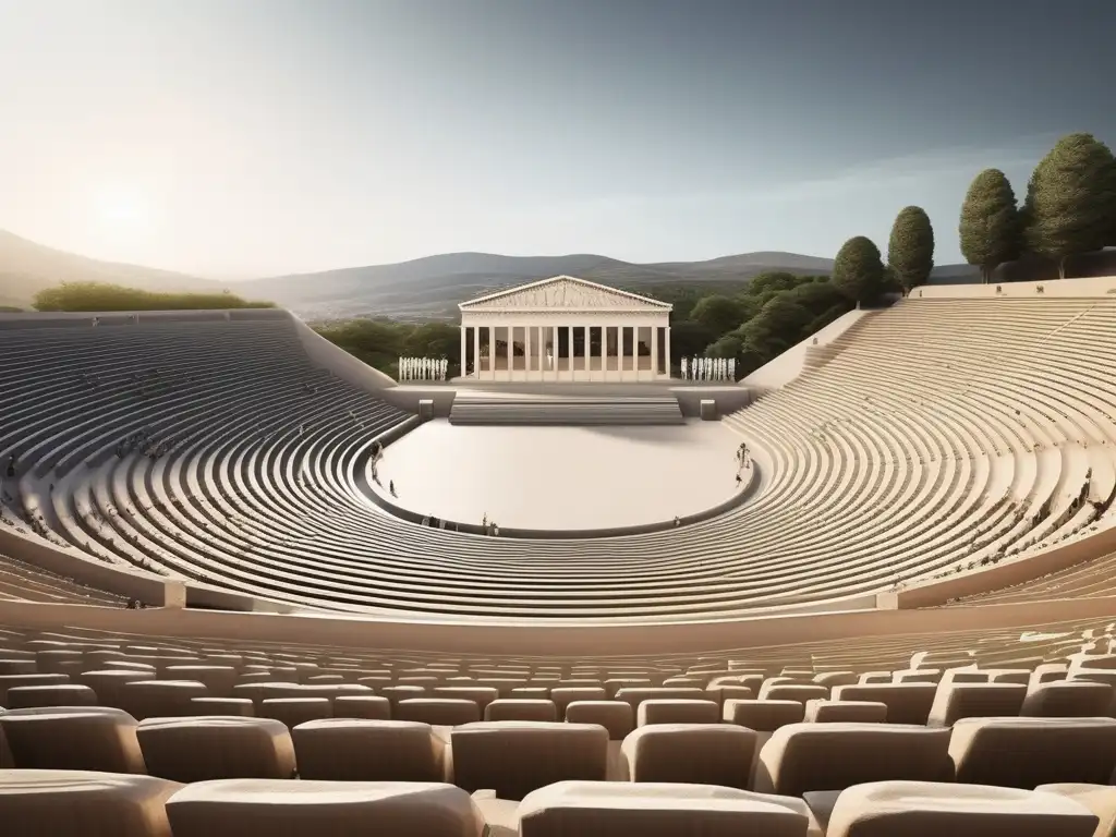 Imagen de festival Dionisias en Antigua Grecia con teatro vibrante y hermoso paisaje