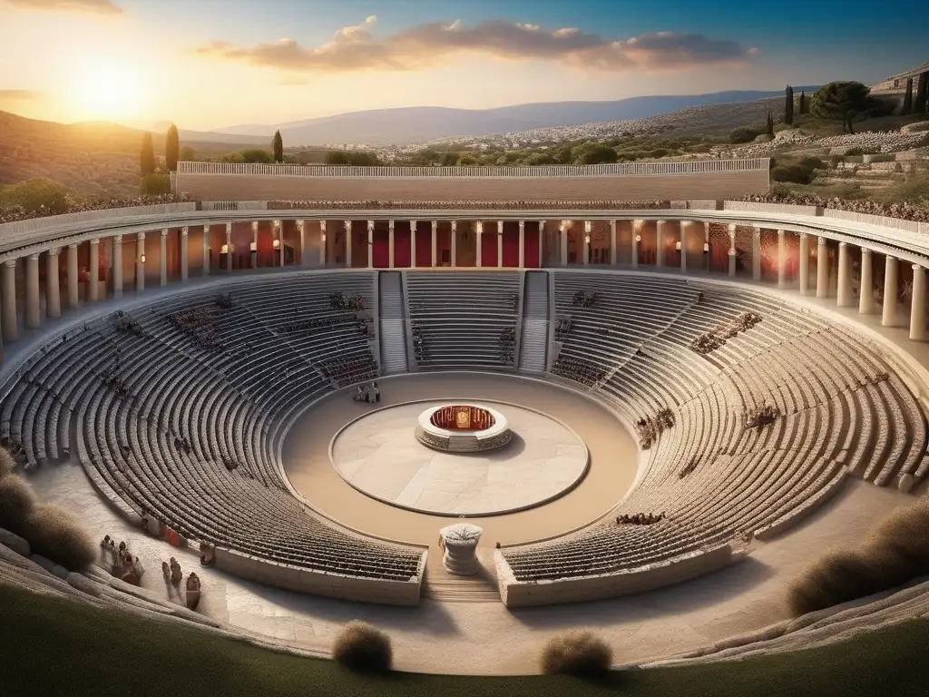 Escena magnífica del festival Dionisias en la antigua Grecia, resaltando la arquitectura y la cultura