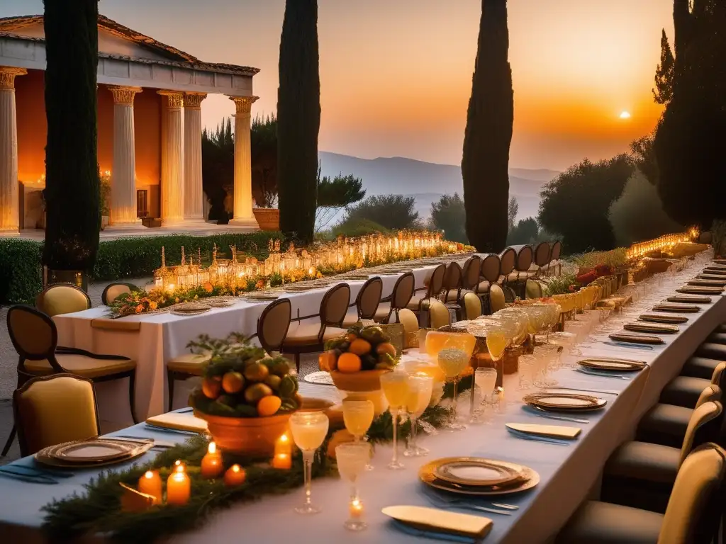 Gastronomía festiva en honor a Dionisio: opulenta celebración en Grecia antigua, mesa repleta de delicias, vinos dorados y risas de togas