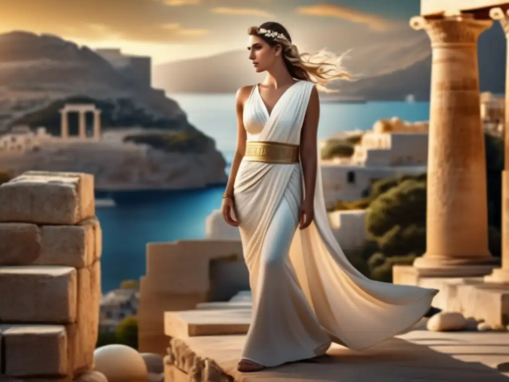 Diosa griega con toga elegantemente drapada Vestimenta mitología griega: diosa elegante en toga, ruinas antiguas