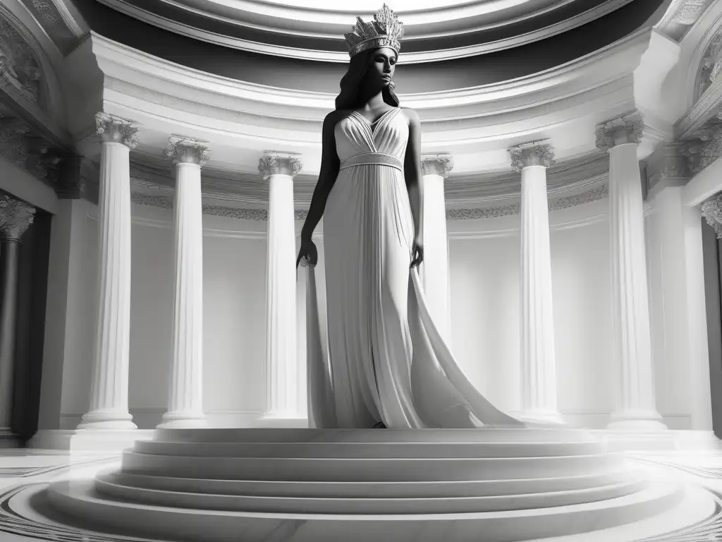 Elegante diosa griega en un majestuoso salón Vestimenta en la mitología griega: Diosa griega en una impresionante imagen en blanco y negro, luciendo una elegante túnica y corona