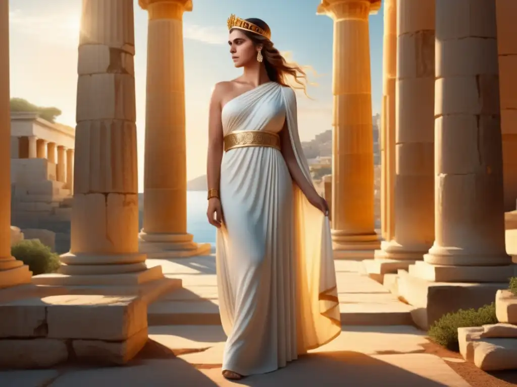 Diosa griega en ruinas antiguas Vestimenta de diosa griega en ruinas antiguas