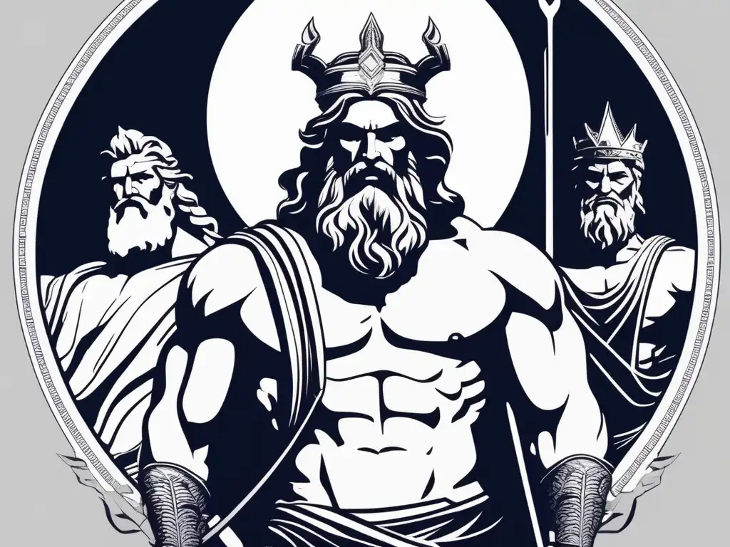 Tres poderosos dioses de la mitología griega, Zeus, Poseidón y Hades, representados en una imagen fotorealista y minimalista