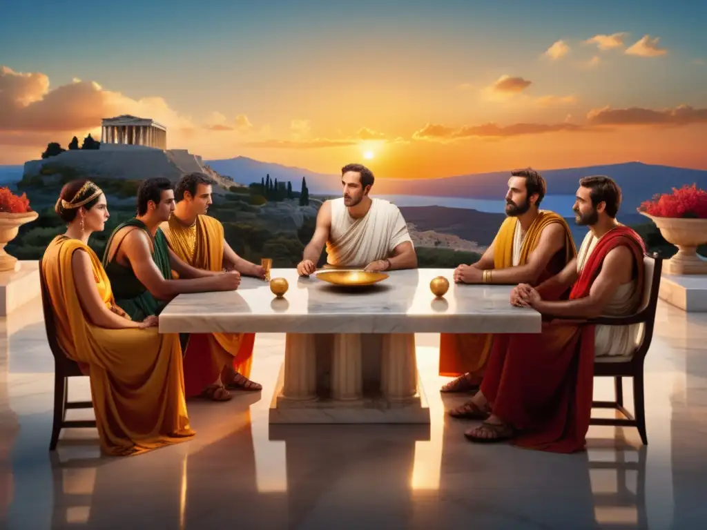 Escena de diplomacia en la antigua Grecia Estrategias diplomáticas de la Antigua Grecia: negociaciones en paisaje griego al atardecer