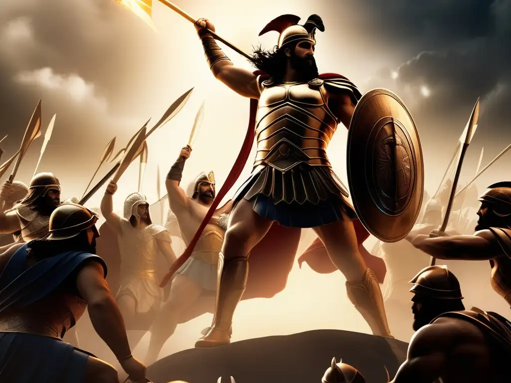Guerra divina en Grecia: guerrero griego combatiendo junto a dioses como Zeus, Atena y Ares, en un paisaje de guerra y ruinas
