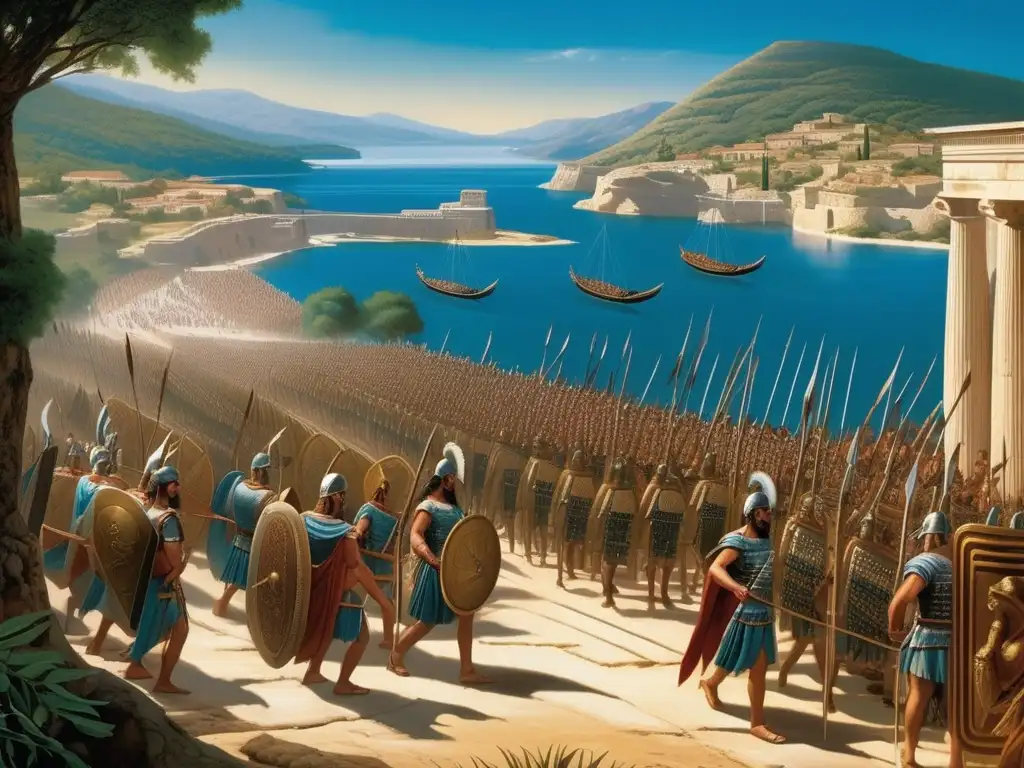 Fundación de Esparta en la Antigua Grecia: Dorios llegando a Laconia, con paisaje pintoresco y estilo minimalista