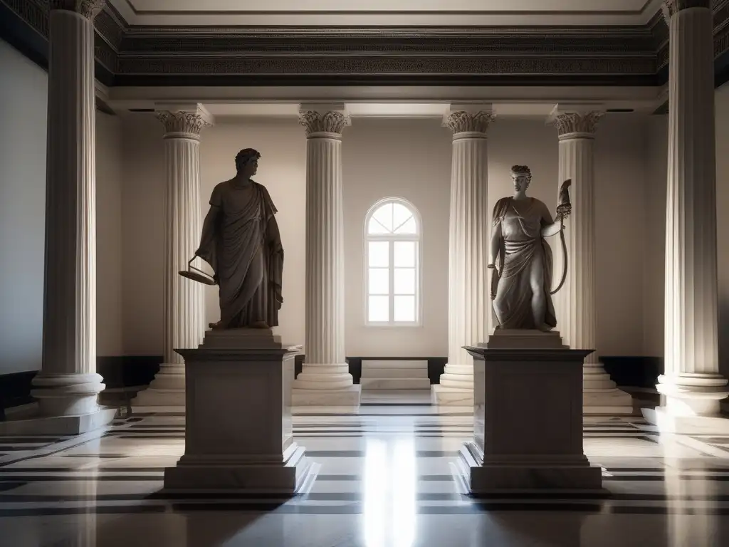 Estatuas de Dracón y Solón, arquitectos de leyes en la Antigua Grecia, en mármol blanco en una sala iluminada