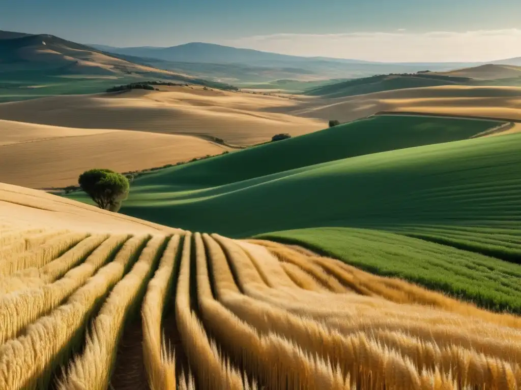 Economía Esparta: autarquía y esclavitud en impresionante imagen de paisaje agrícola espartano con campos de trigo dorado y granjeros espartanos