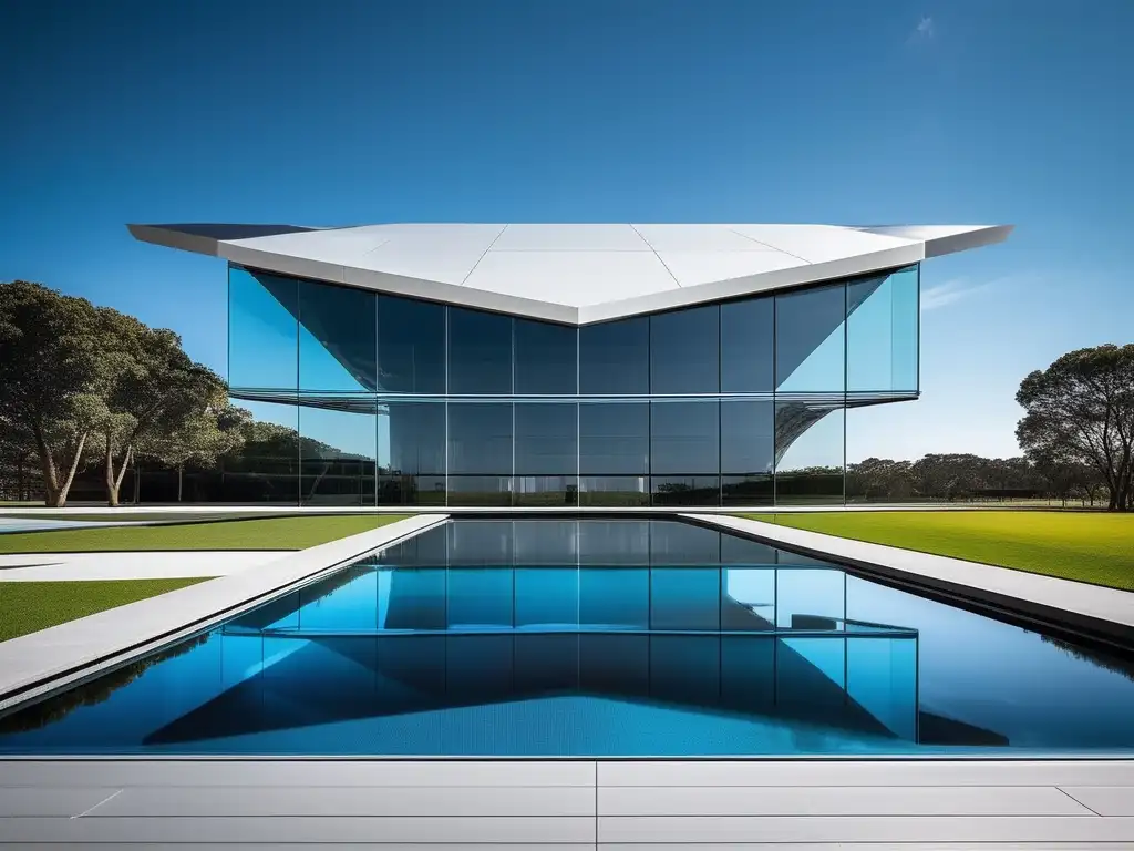 Arquitectura minimalista: aplicación del Teorema de Pitágoras en un edificio futurista y elegante, reflejando la relación entre matemáticas y estética