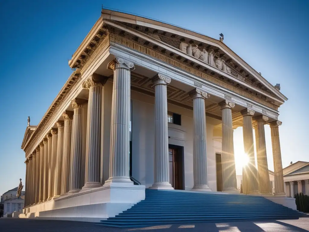 Majestuoso edificio neoclásico con columnas griegas antiguas destacadas bajo cielo azul