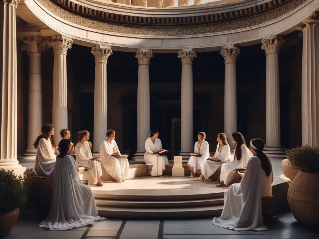 Educación femenina en Grecia Antigua - Mujeres debatiendo y estudiando en un patio rodeado de columnas de mármol