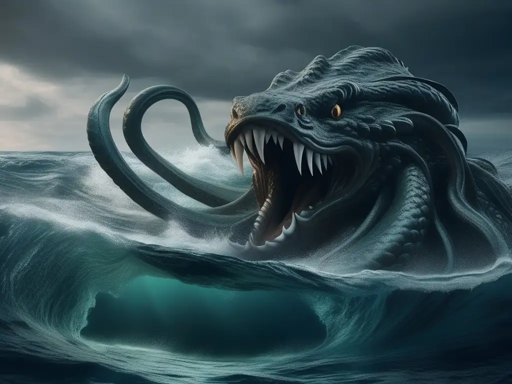 Criaturas marinas de la mitología griega: El Kraken emerge de las aguas, con sus tentáculos amenazantes sobre un barco indefenso