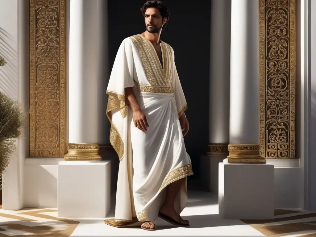 Moda antigua Grecia: Elegancia perdida, imagen de un noble griego vestido con túnica blanca adornada con patrones dorados y bordes