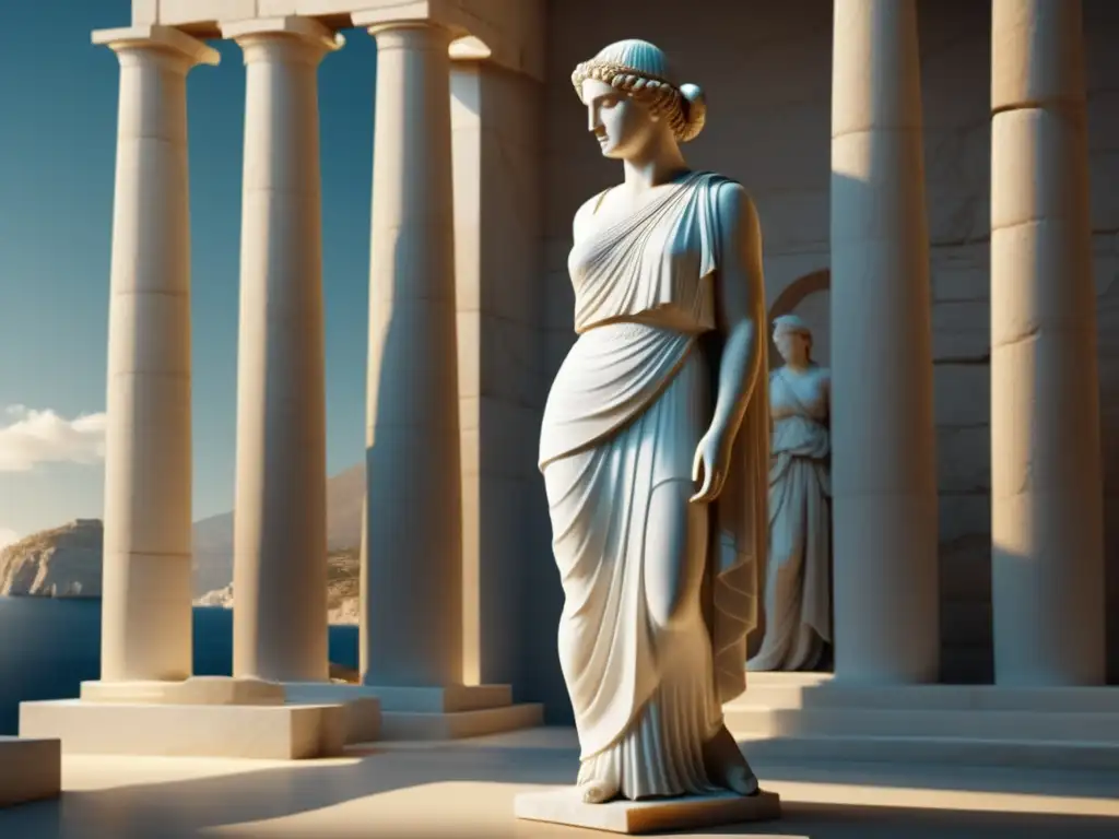 Vestimenta democrática en Grecia antigua: Estatua de mármol de mujer griega con chiton intrincadamente adornado, resaltando elegancia y detalle