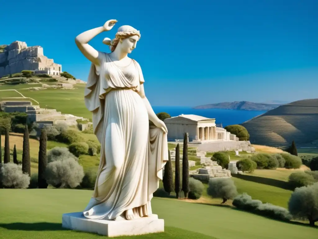 Elegante estatua de diosa griega en paisaje sereno, con moda antigua Grecia y elegancia perdida