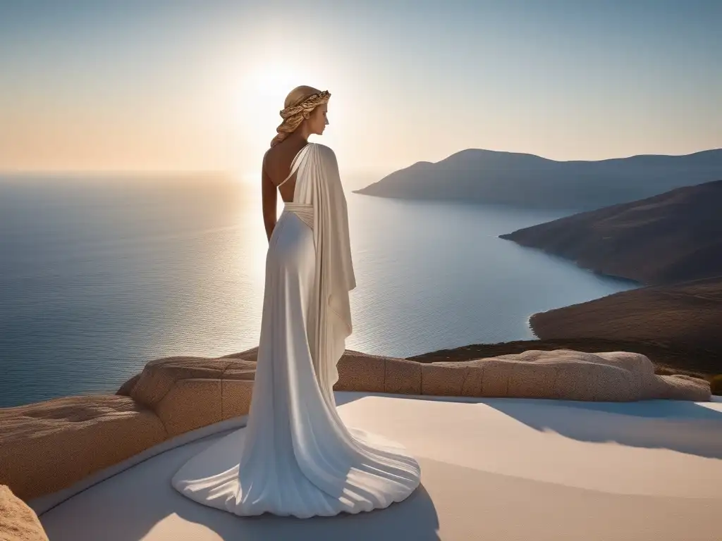 Influencia moda: estatua marmol diosa griega vestida con chiton, paisaje griego, detalles esculpidos, elegancia y legado