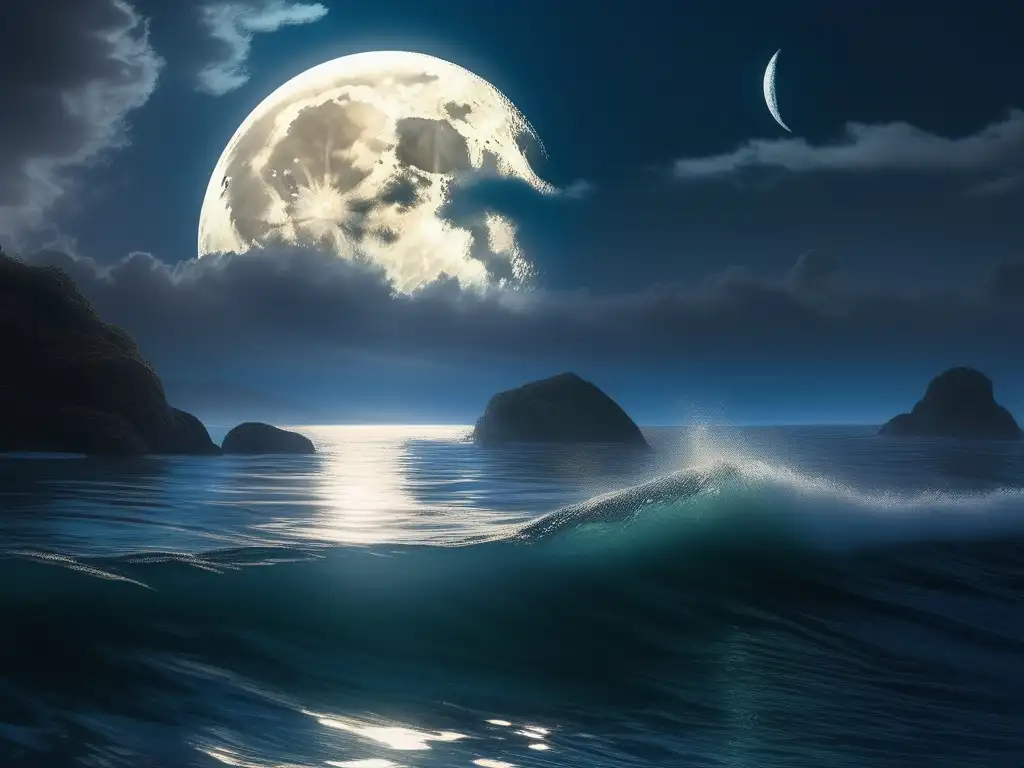 Sirenas en la literatura griega: Imagen impactante de una serena escena marina iluminada por la luna, con sirenas etéreas emergiendo del agua