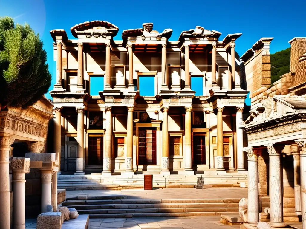 Influencia griega en colonias turcas: Biblioteca de Celsus en Ephesus, una imagen impresionante de la antigua ciudad bañada en luz cálida