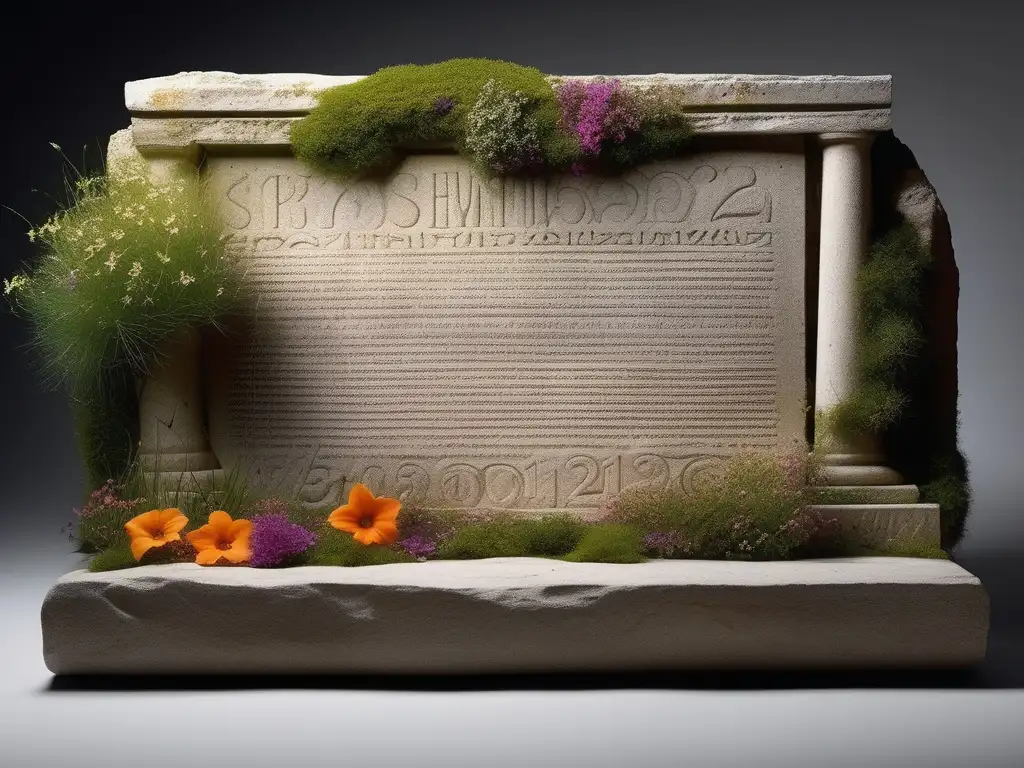 Tablet de piedra antigua con inscripciones griegas, rodeada de flores y mariposas