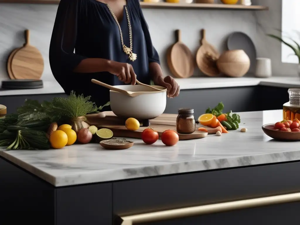 Rol femenino en banquetes griegos: cocina minimalista con ingredientes vibrantes, luz natural y elegancia