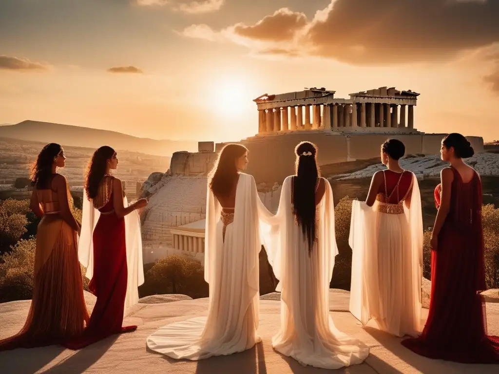 Significado colores vestimenta Antigua Grecia: Parthenon dorado, personas elegantes joyas rojas