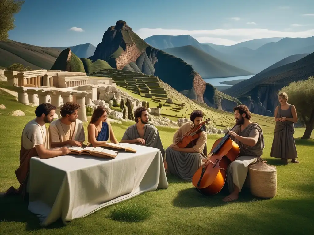 Influencia musical de la Antigua Grecia: serena escena en la naturaleza con músicos griegos vestidos tradicionalmente, tocando instrumentos antiguos