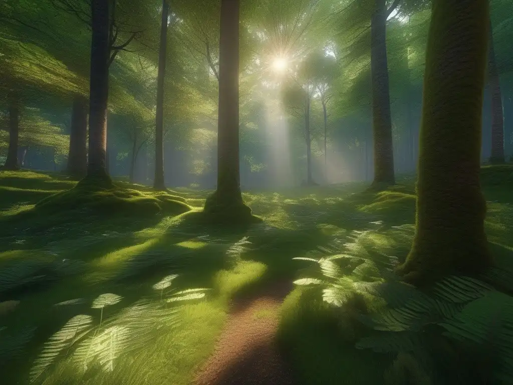 Bosque griego sereno con árboles altos, luz filtrada, arroyo cristalino y montañas majestuosas