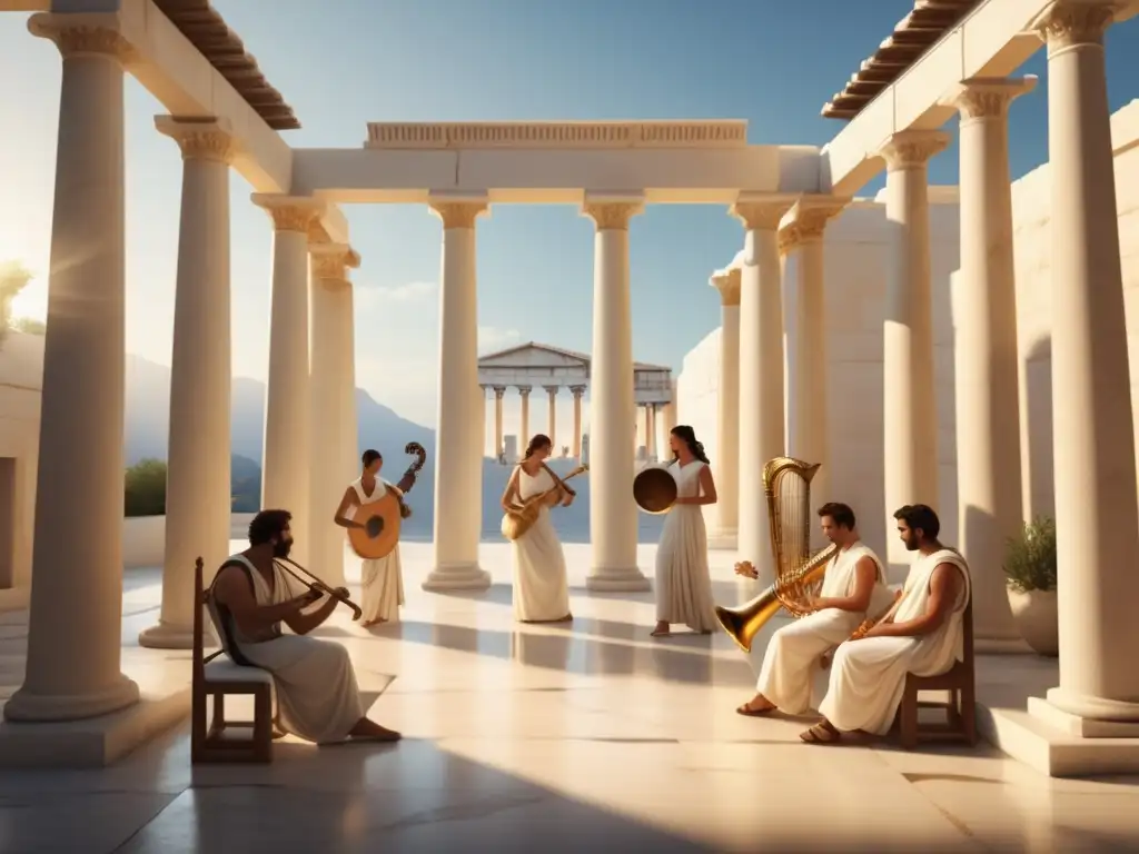 Imagen de músicos en un patio con columnas en la antigua Grecia - Último gran compositor Mesomedes Grecia