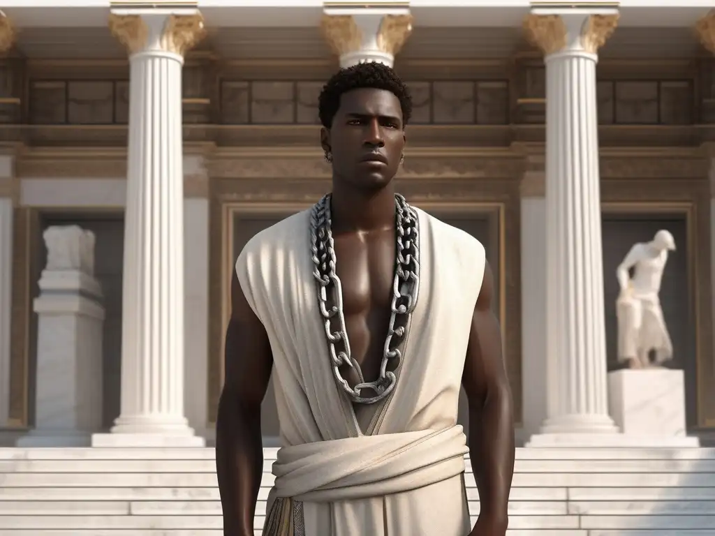 Esclavo en Grecia Antigua frente a estructura de mármol: opresión y opulencia (110 caracteres)
