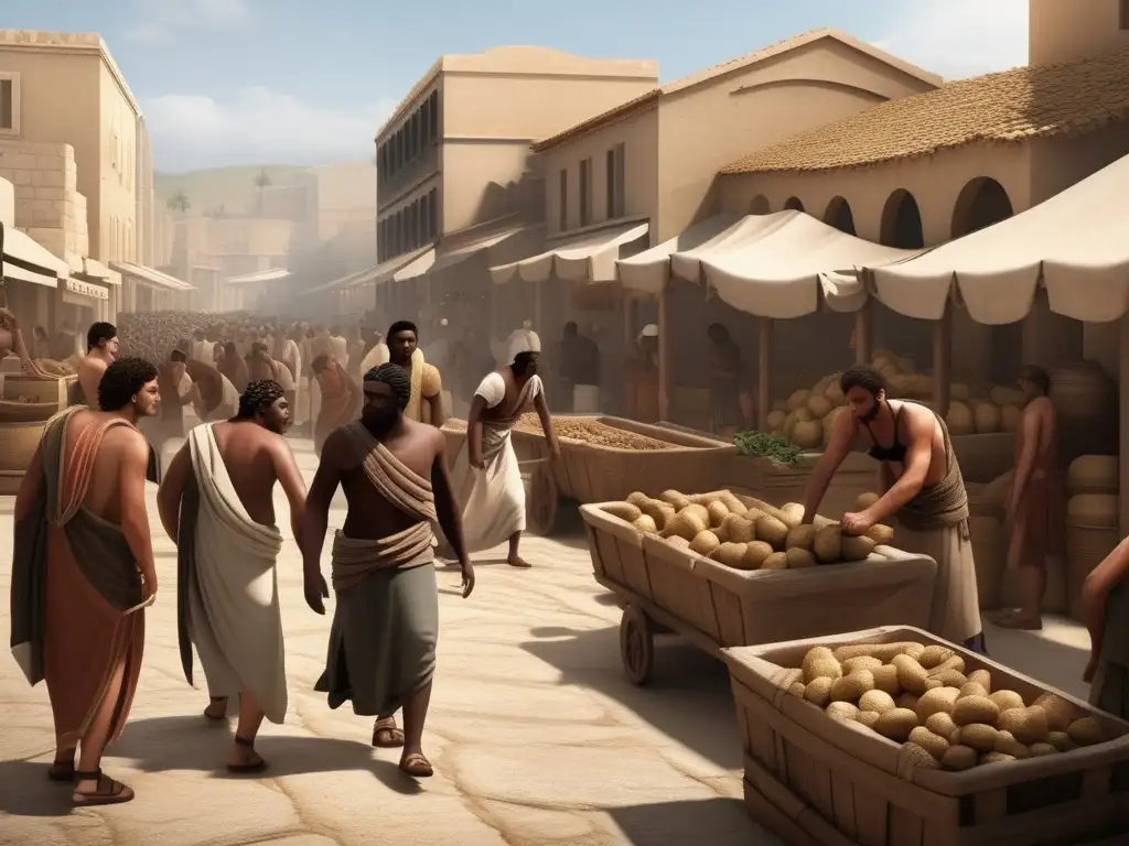 Esclavos en Grecia Antigua trabajando en mercado: importancia de su labor en la economía (110 caracteres)